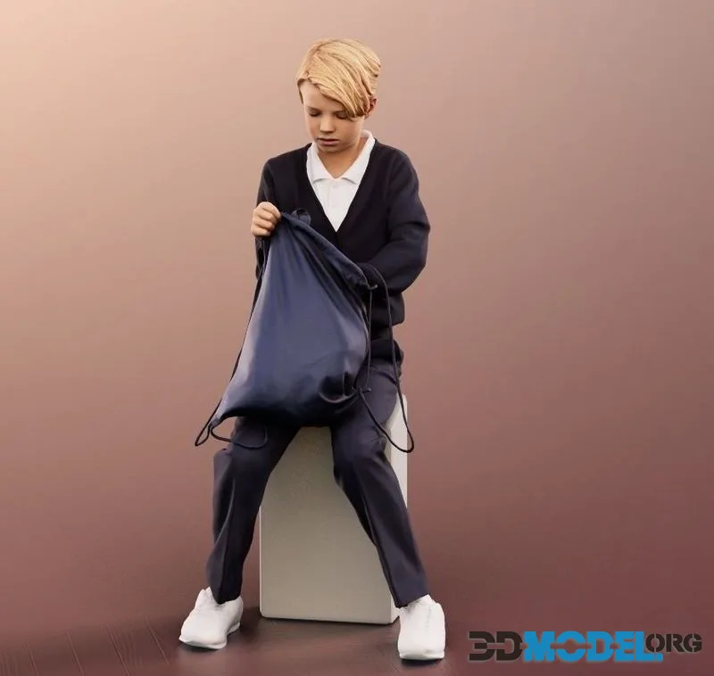 Sitting School Boy Searching In Backpack low-poly (PBR)