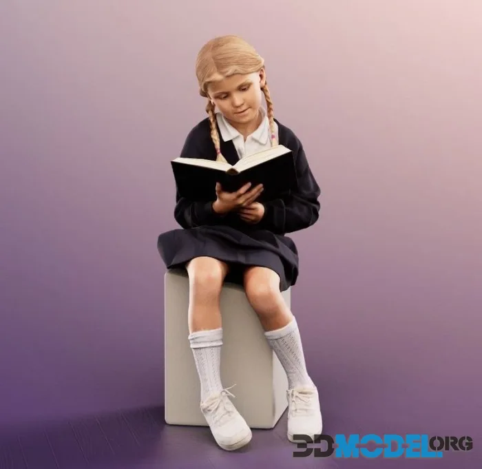 Sitting School Girl Reading Book (PBR)