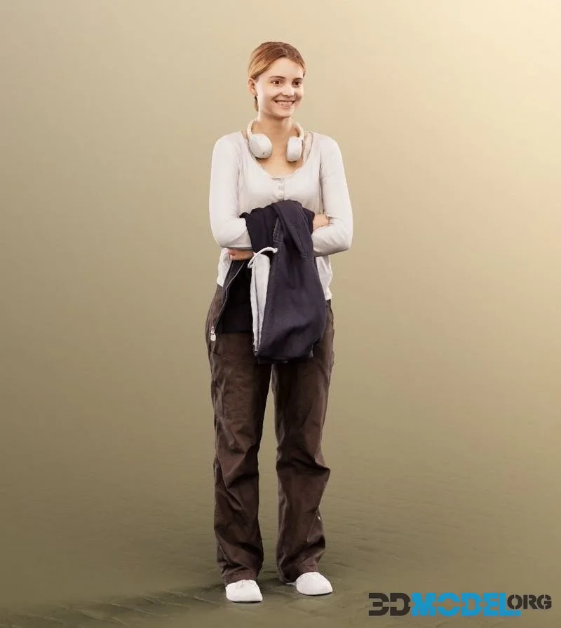 Standing Casual Girl With Headphones And Jacket low-poly (PBR)