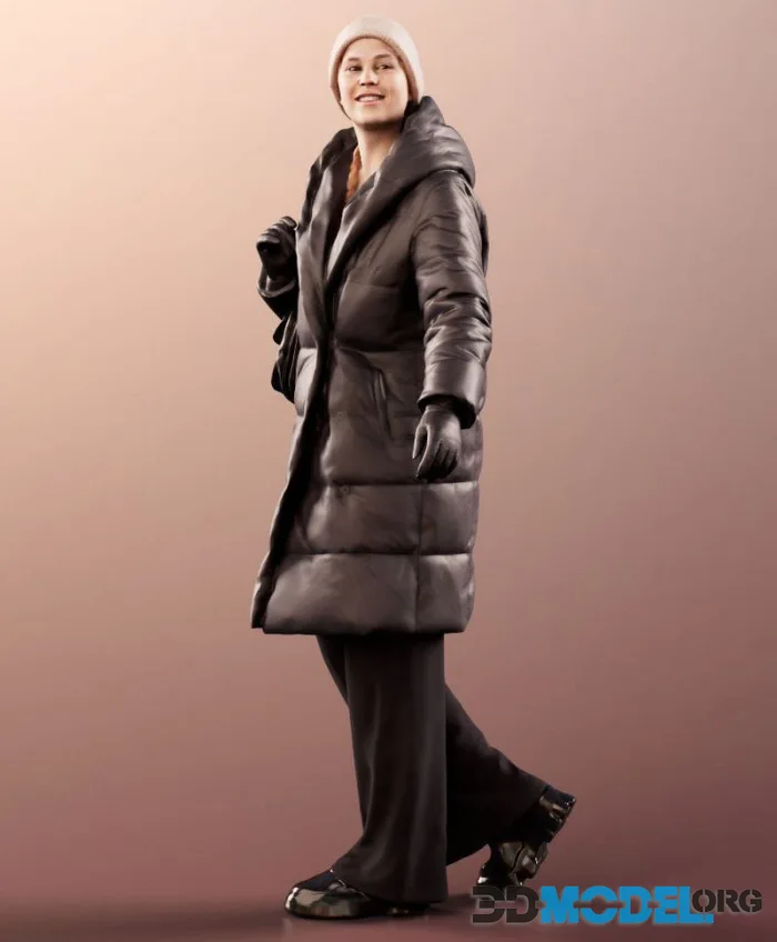 Walking Woman In Winter Coat Smiling With Bag (PBR)