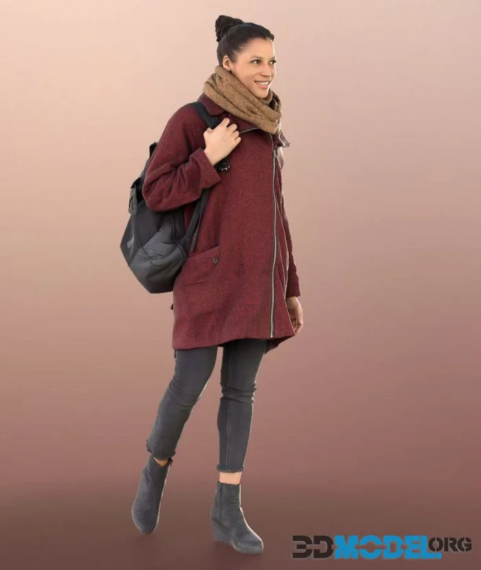 Woman In Coat And Scarf Walking With Backpack (PBR)