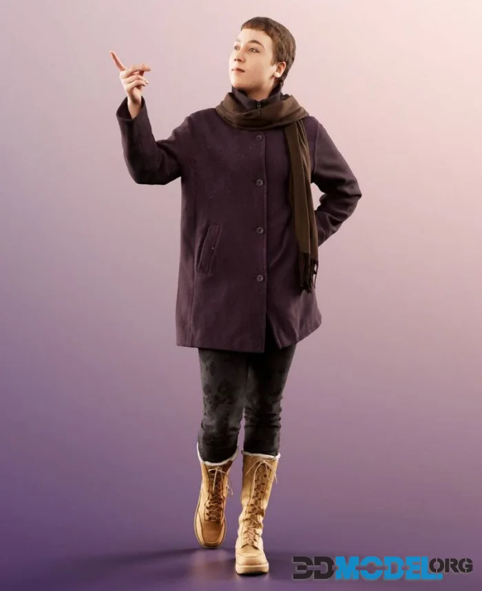 Young Woman In Coat Walking And Pointing Up (PBR)