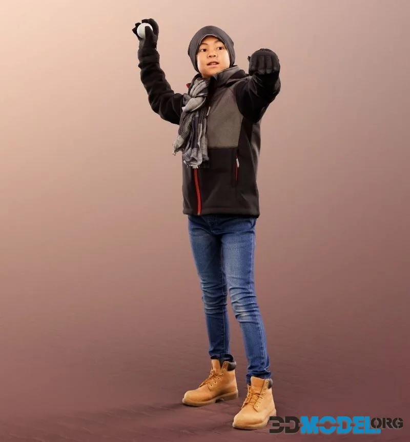 Asian Boy Throwing Snowball low-poly (PBR)