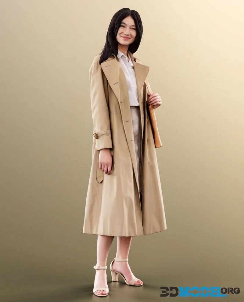 Asian Woman Standing Coat Smiling Fall Outfit low-poly (PBR)