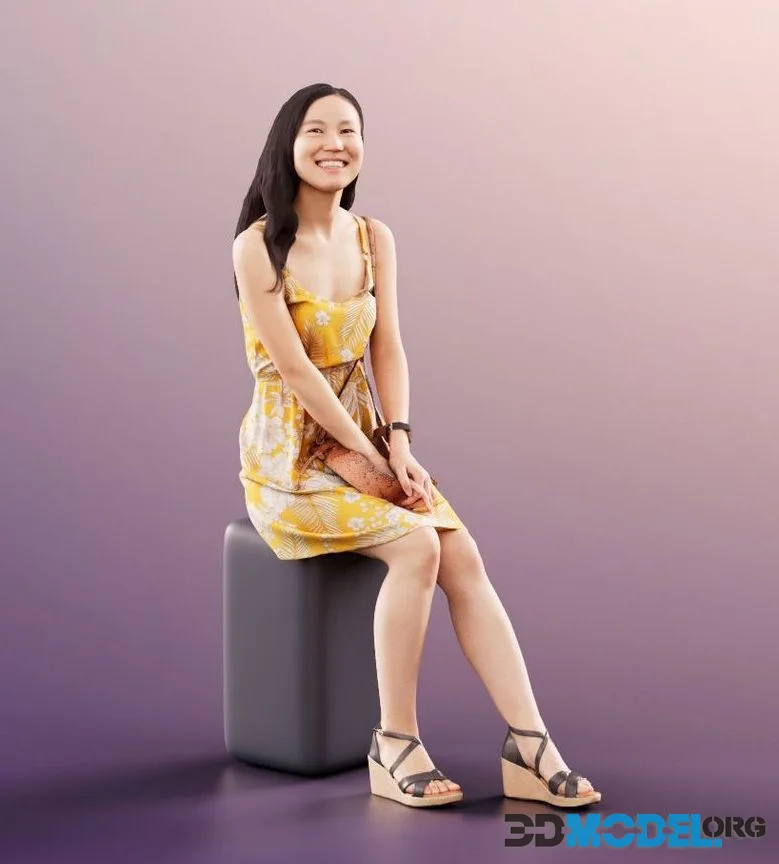 Asian Woman Yellow Summer Dress Sitting (PBR)