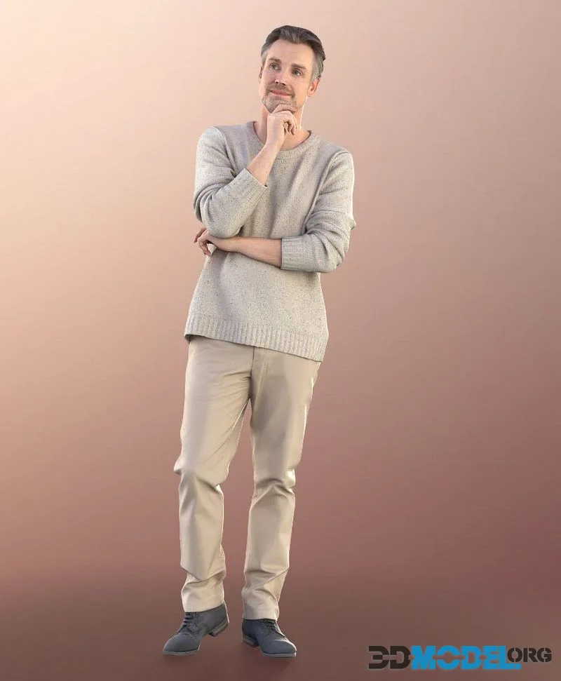 Best Ager Man Standing Thoughtfull low-poly (PBR)