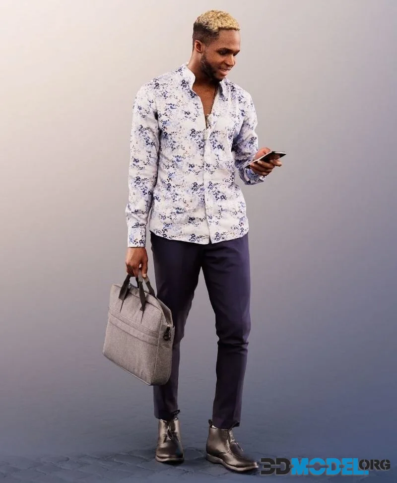 Black Man With Bag Texting Smartphone low-poly (PBR)