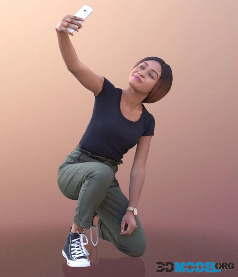 Black Woman Crouching Taking Selfie low-poly (PBR)