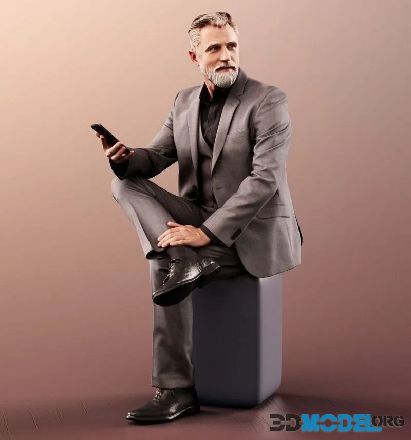 Business man senior bearded hipster sitting phone (PBR)