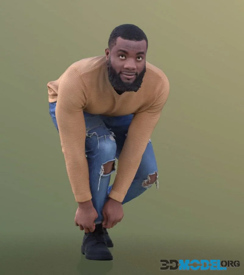 Casual Black Man Ties His Shoes low-poly (PBR)