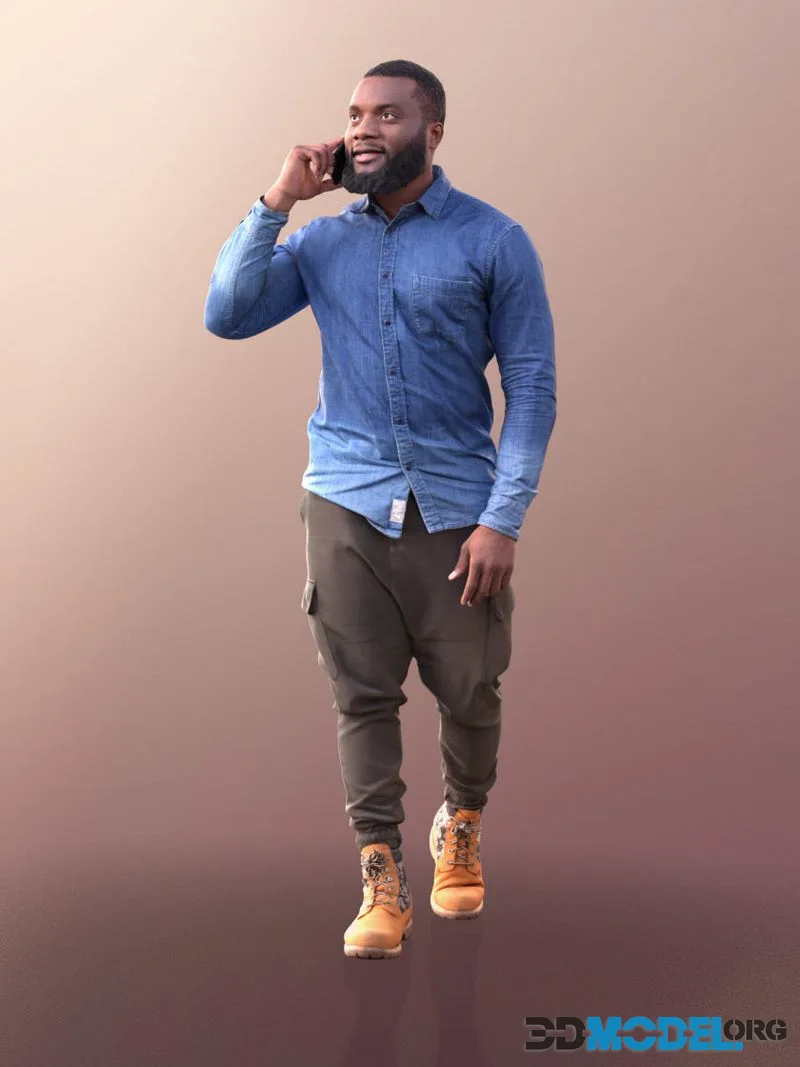 Casual Black Man Walking Talking On Phone low-poly (PBR)