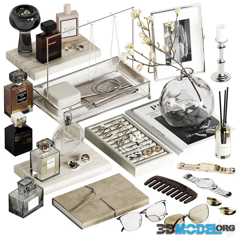 Decorative set with perfume and jewelry for a dressing table or coffee table