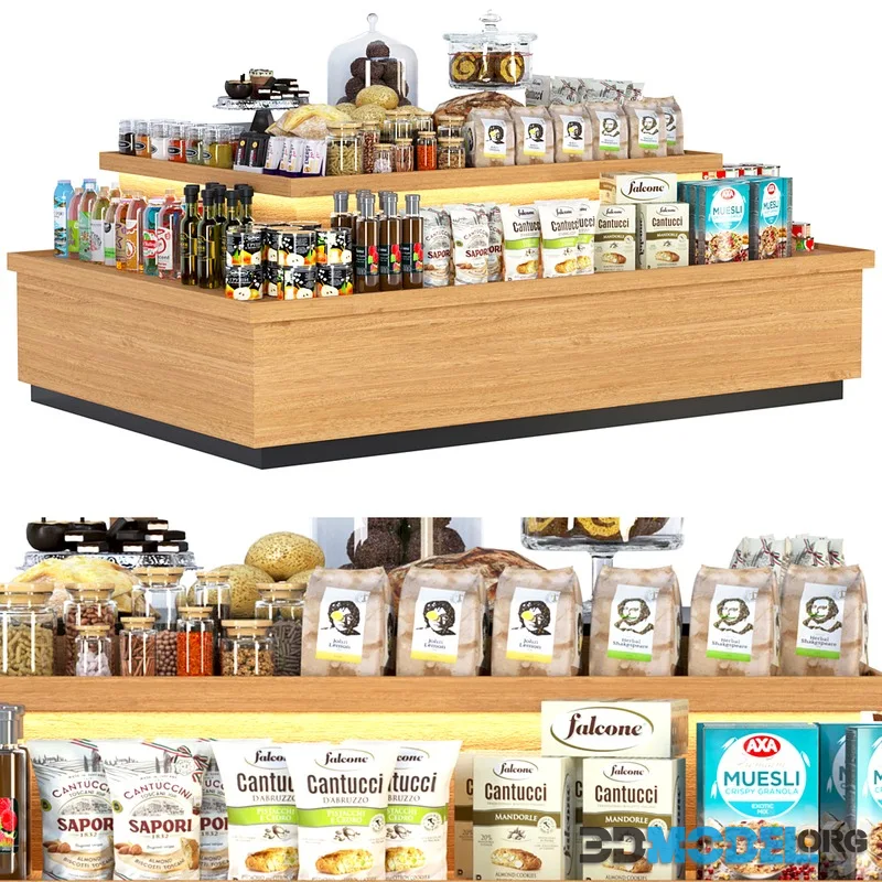 Display stand in a supermarket with products. Juices and cereals