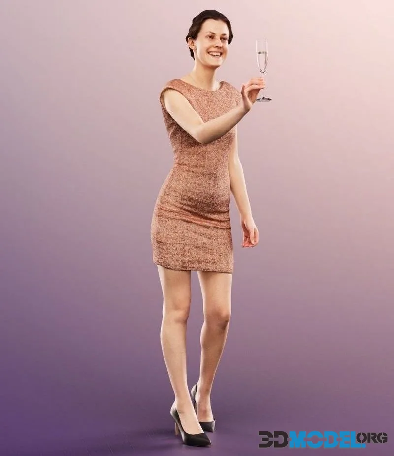 Elegant Standing Woman With Champagne Glass low-poly (PBR)