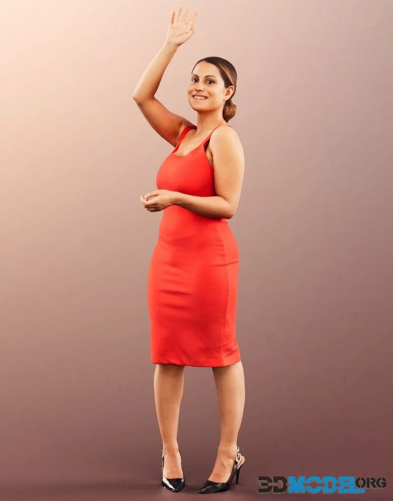 Elegant woman in red dress waving (PBR)