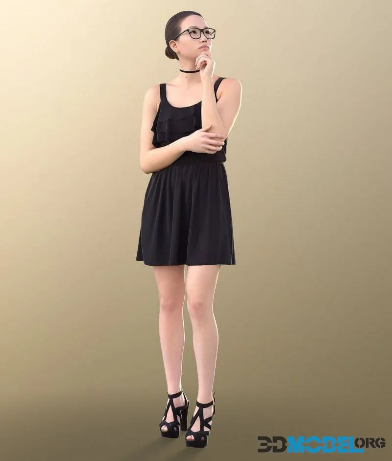 Elegant Woman Standing Toughtfull low-poly (PBR)