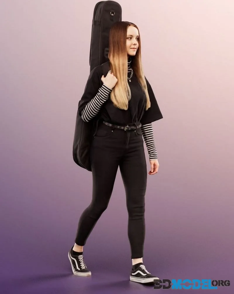 Girl Walking With Guitar Bag low-poly (PBR)