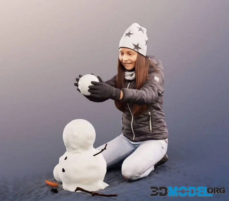 Kneeing Girl Building Snowman low-poly (PBR)