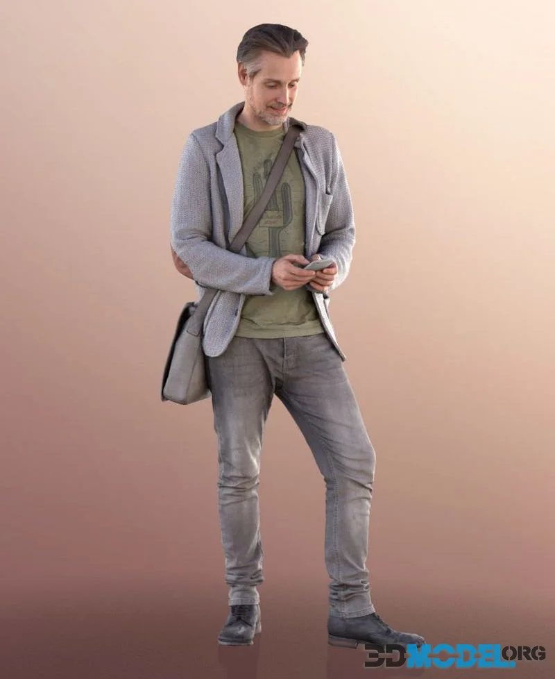 Man Standing Texting With Smartphone And Bag low-poly (PBR)