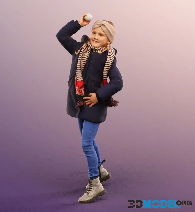 Playing Girl Throwing Snowball Winter low-poly (PBR)