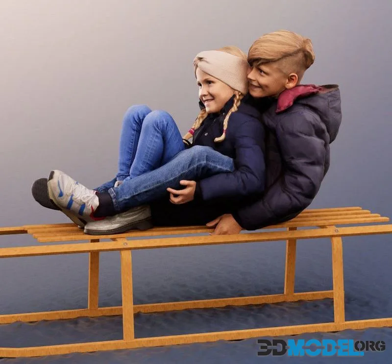 Playing Kids Sledging Couple low-poly (PBR)