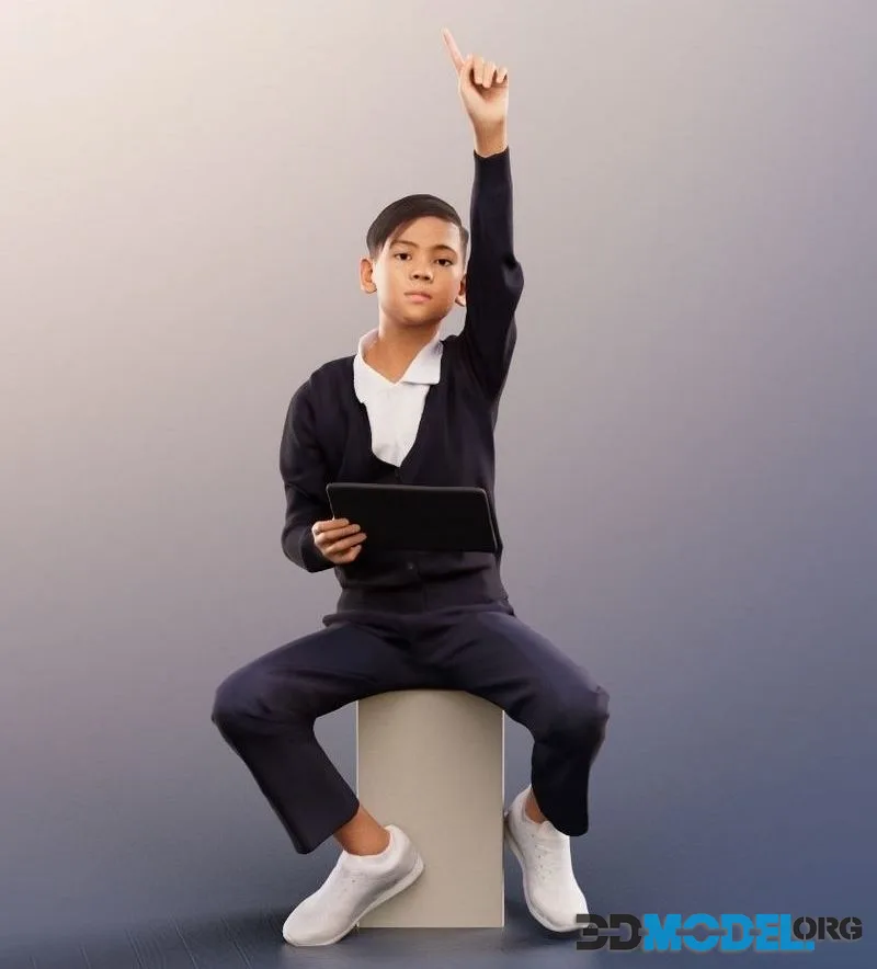 Sitting Asian Schoolkid With Tablet Rise His Hand low-poly (PBR)