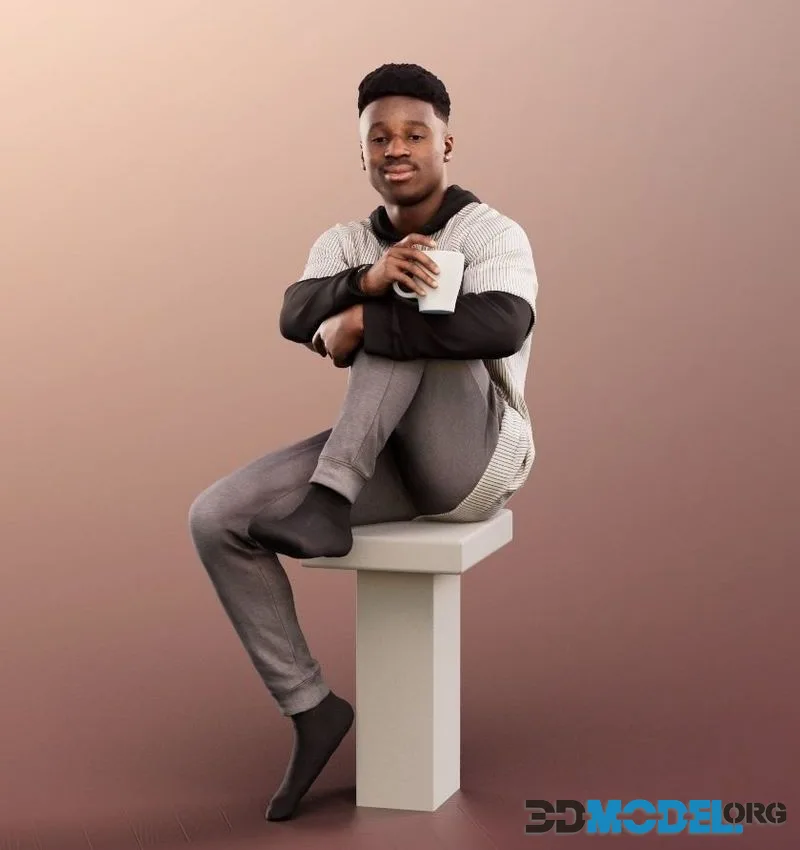 Sitting Casual Black Man With Cup low-poly (PBR)