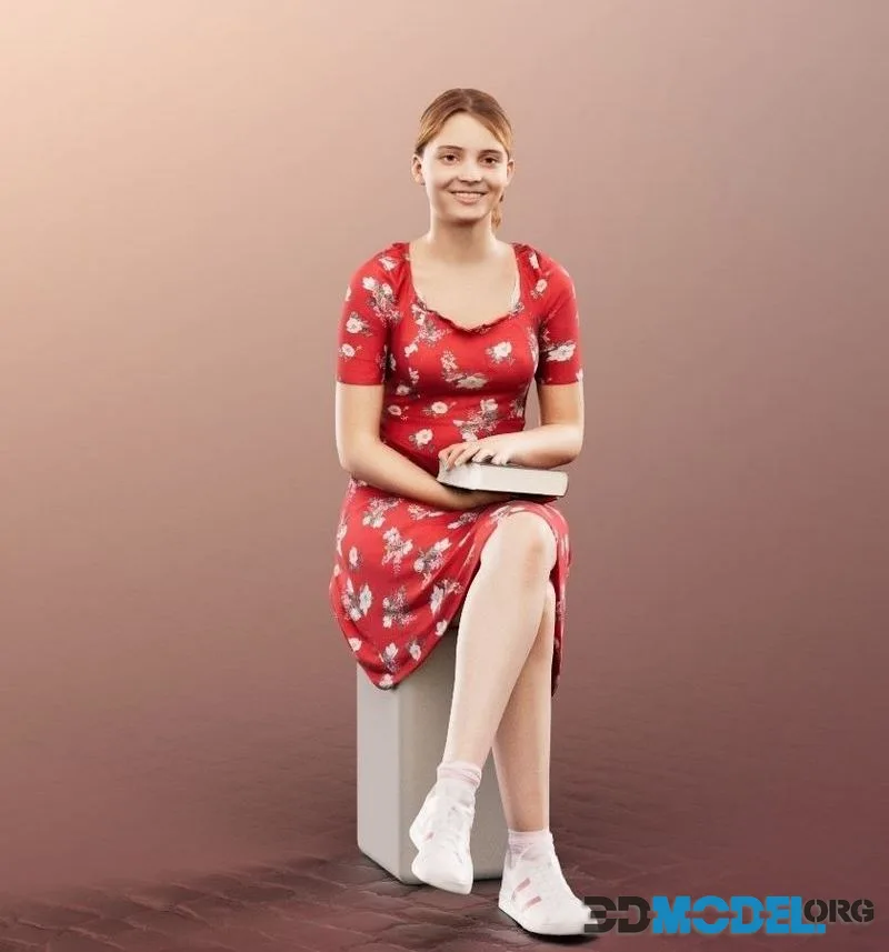 Sitting Girl With Book In Summer Dress low-poly (PBR)