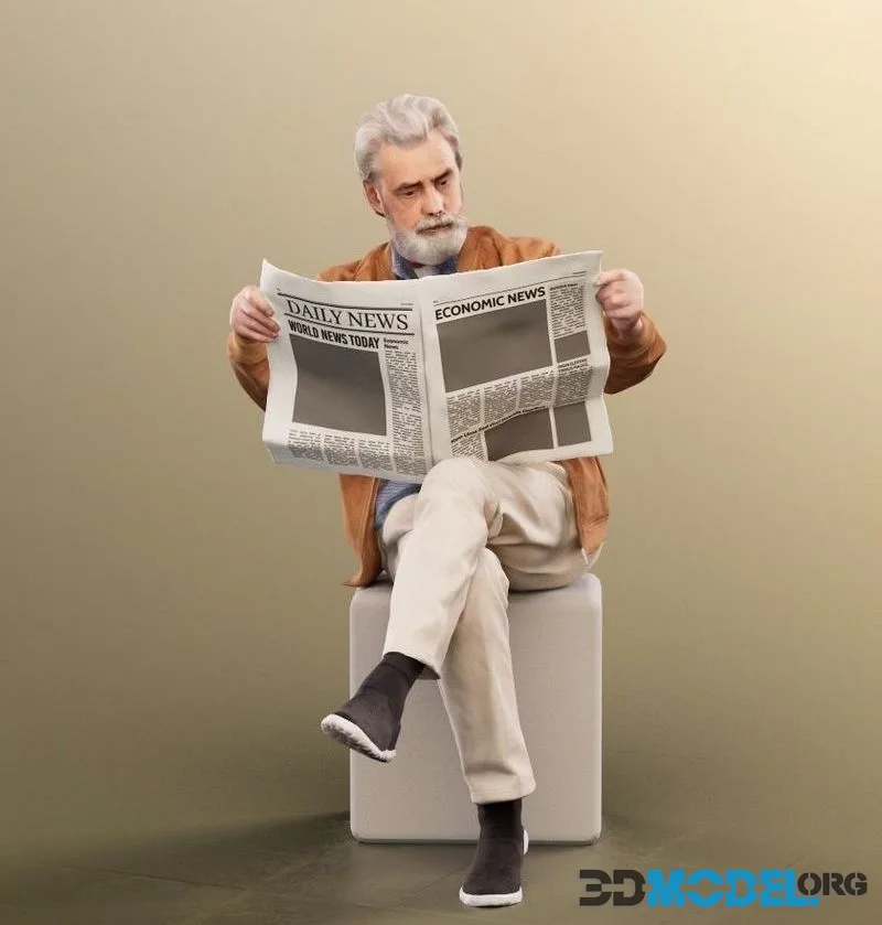 Sitting Older Man Reading Newspaper low-poly (PBR)