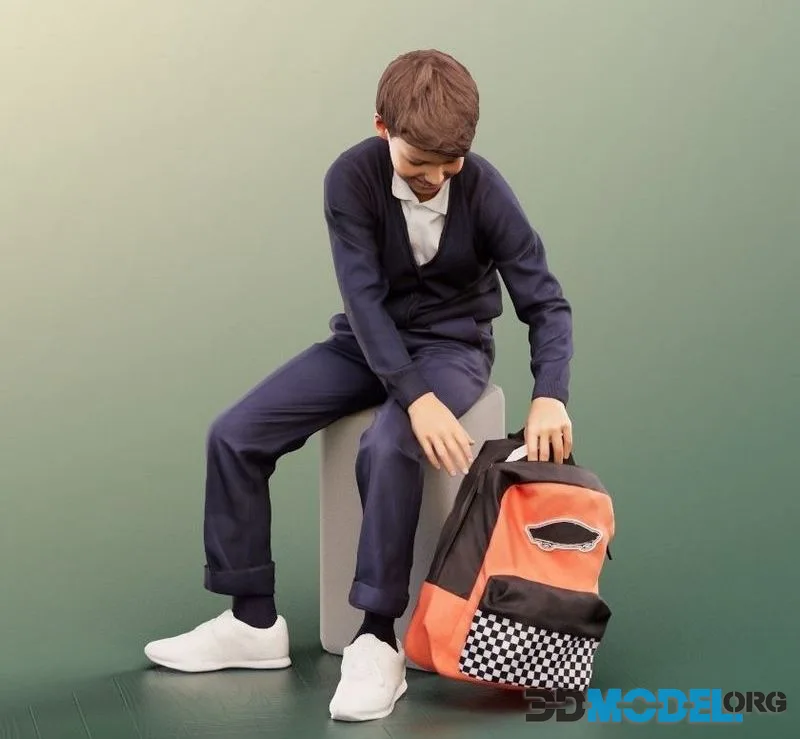 Sitting School Boy With Backpack low-poly (PBR)