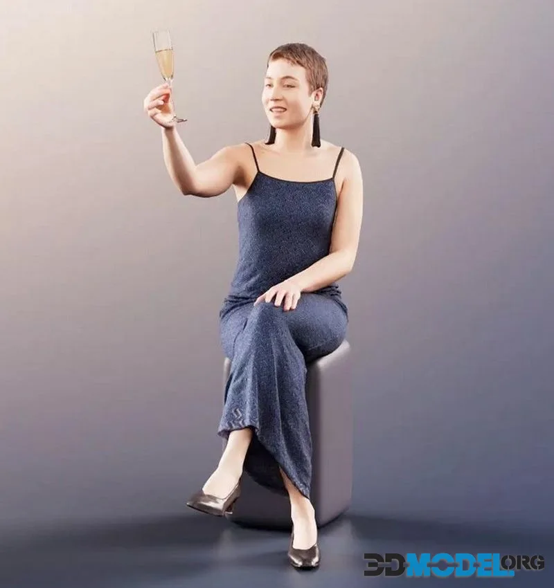 Sitting Young Woman At Event With Champagne Glass (PBR)