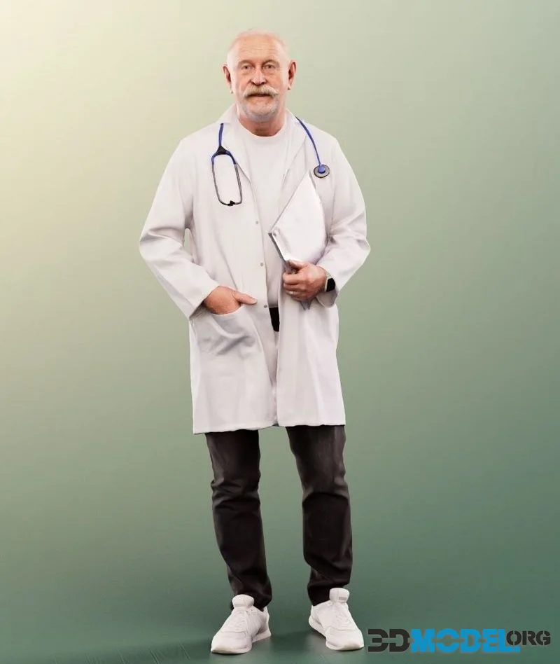 Standing Best Ager Doctor With Documents low-poly (PBR)