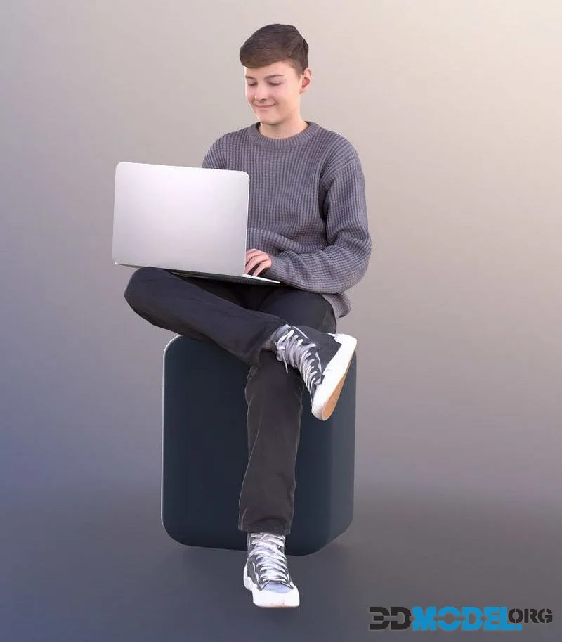 Teenage Boy Sitting With Laptop low-poly (PBR)