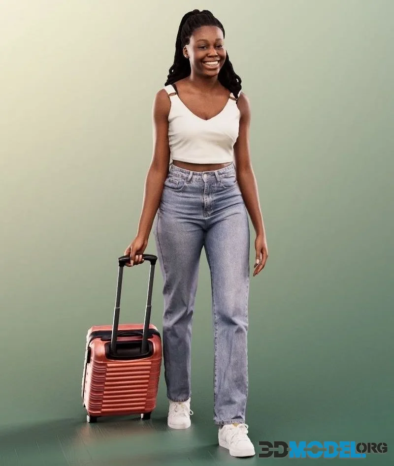 Walking Casual Black Woman With Suitcase low-poly (PBR)