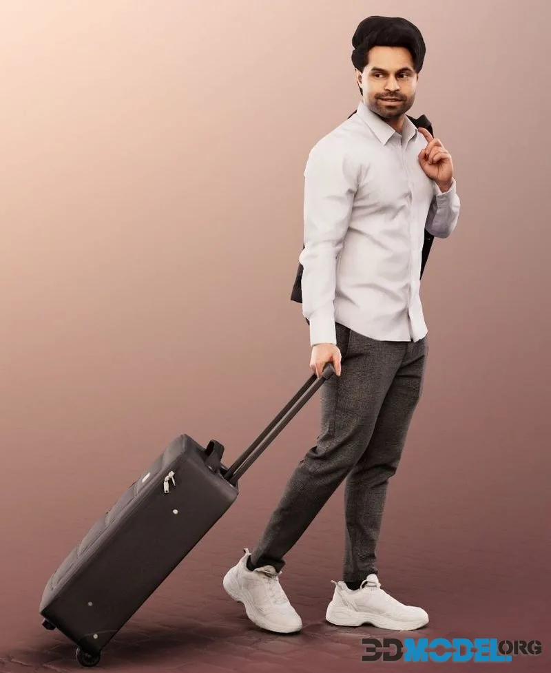 Walking Mediterranean Man With Suitcase low-poly (PBR)