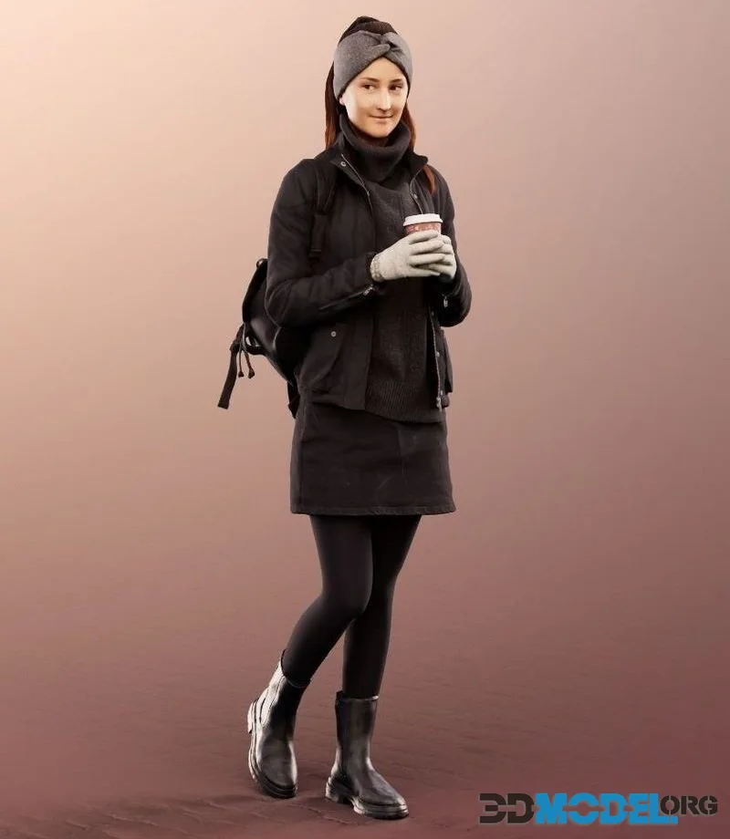 Walking Woman With Coffee Winter Outfit low-poly (PBR)