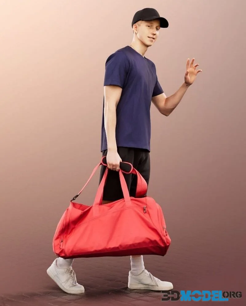 Waving Young Man Walking With Large Bag low-poly (PBR)