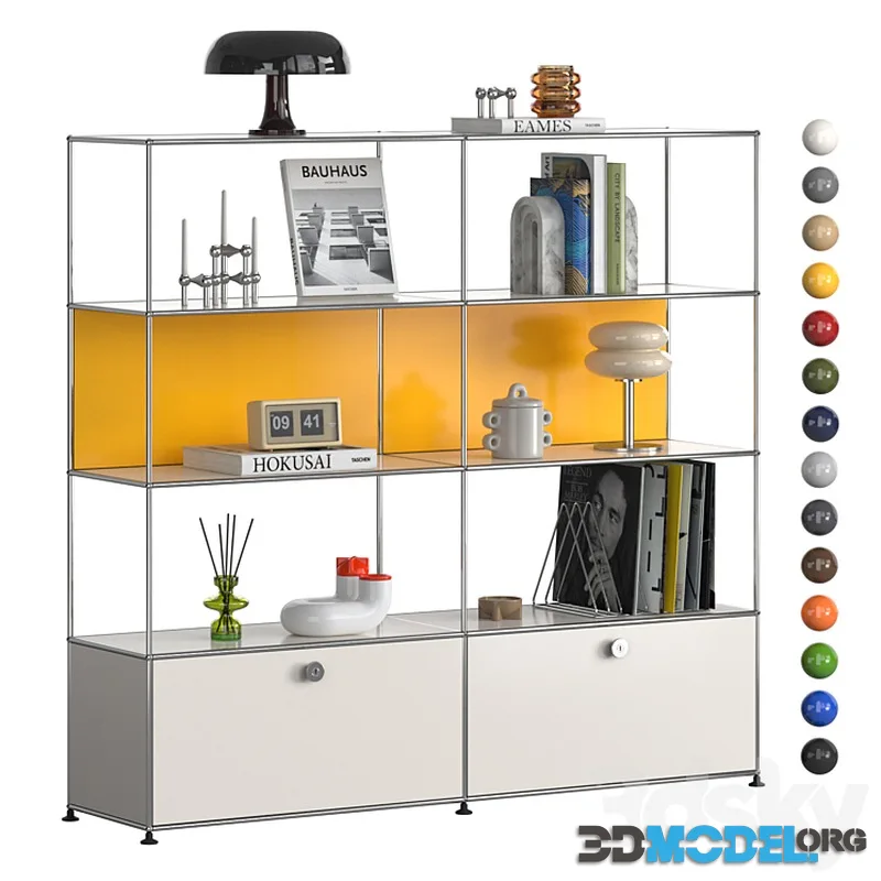A shelving with mid-century decor. The USM Haller modular system