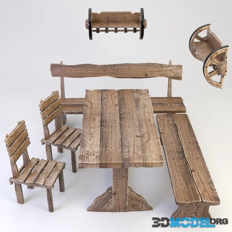 Aged wood furniture, table, chair
