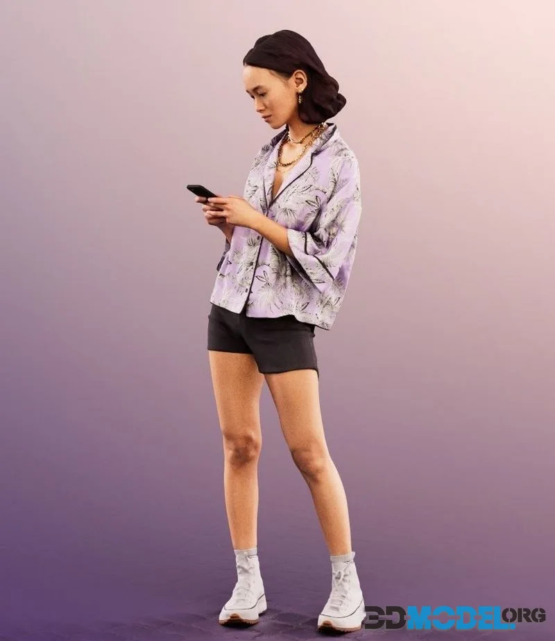 Asian Young Woman Texting On Smartphone low-poly (PBR)