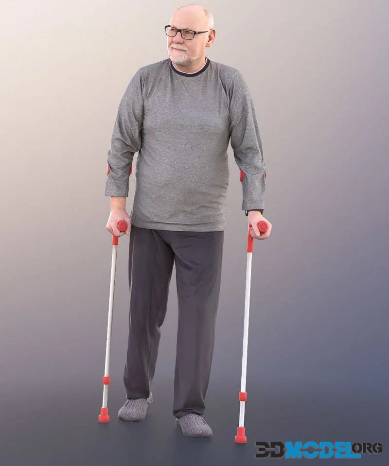 Best Ager Man Standing With Crutches low-poly (PBR)