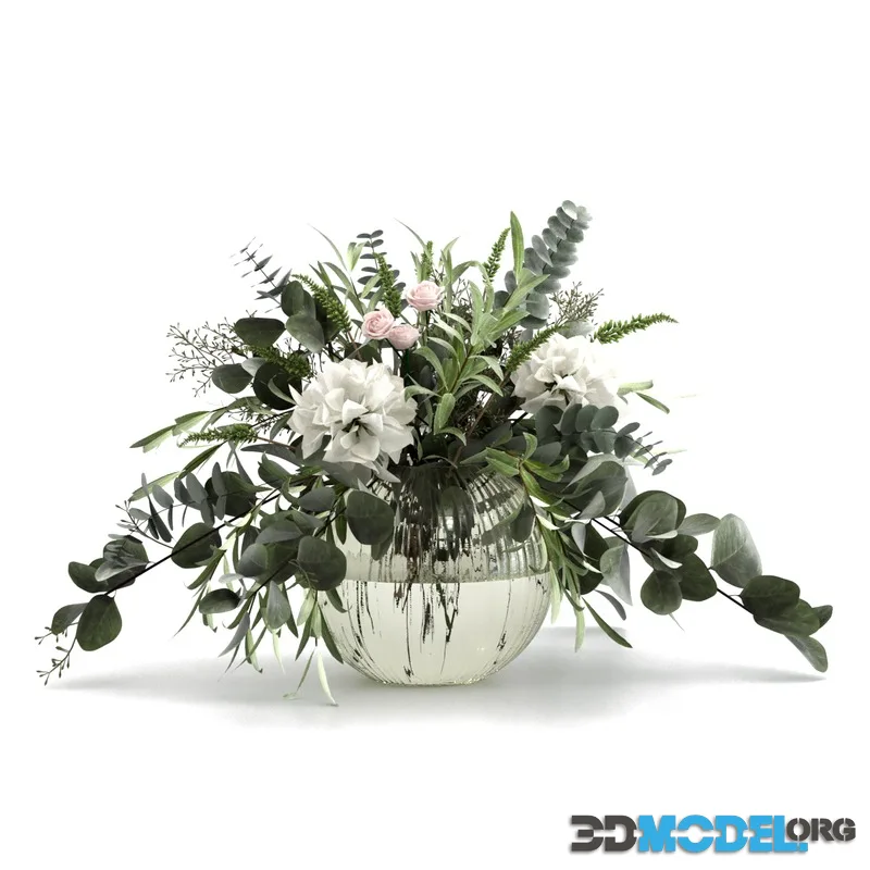 Bouquet in a Glass Vase with Eucalyptus and White Flowers