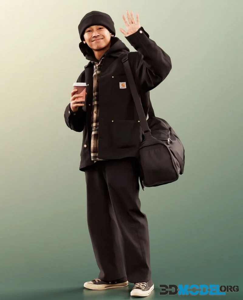 Boy Waving With Sports Bag And Coffee (PBR)