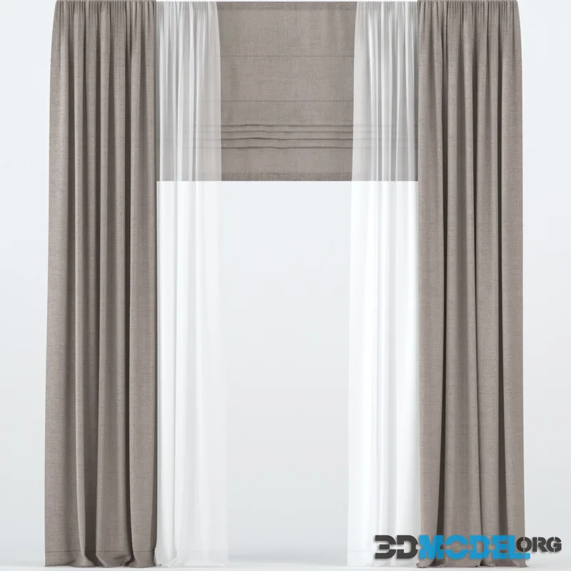 Brown straight curtains with tulle and roman