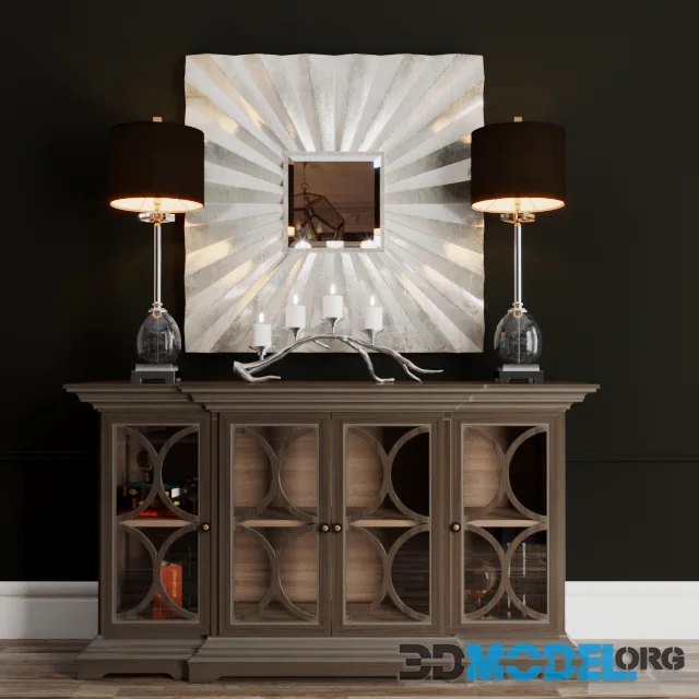 Chest of drawers, mirror and lamp