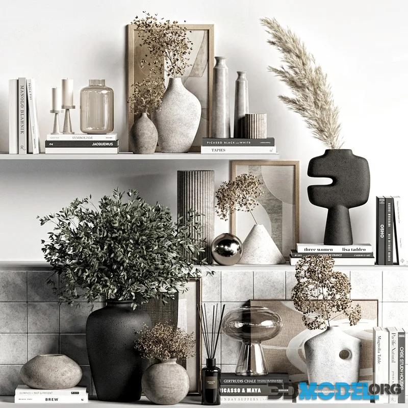 Decorative set with dried flowers, vases, paintings and other decor