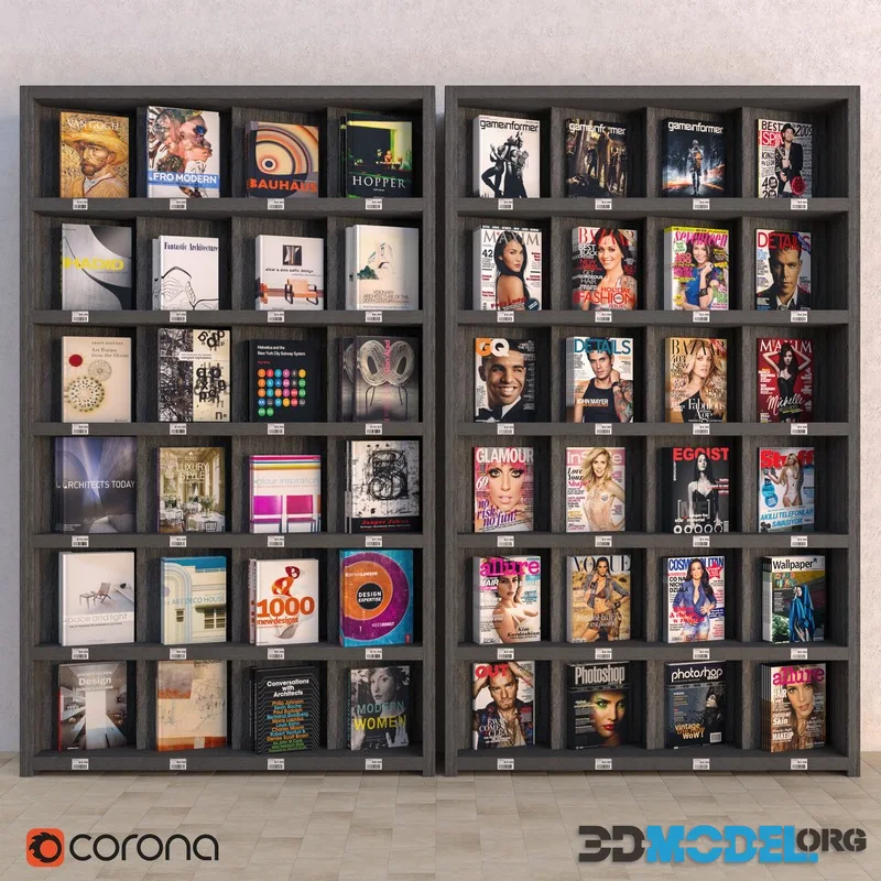 Display racks with books and magazines