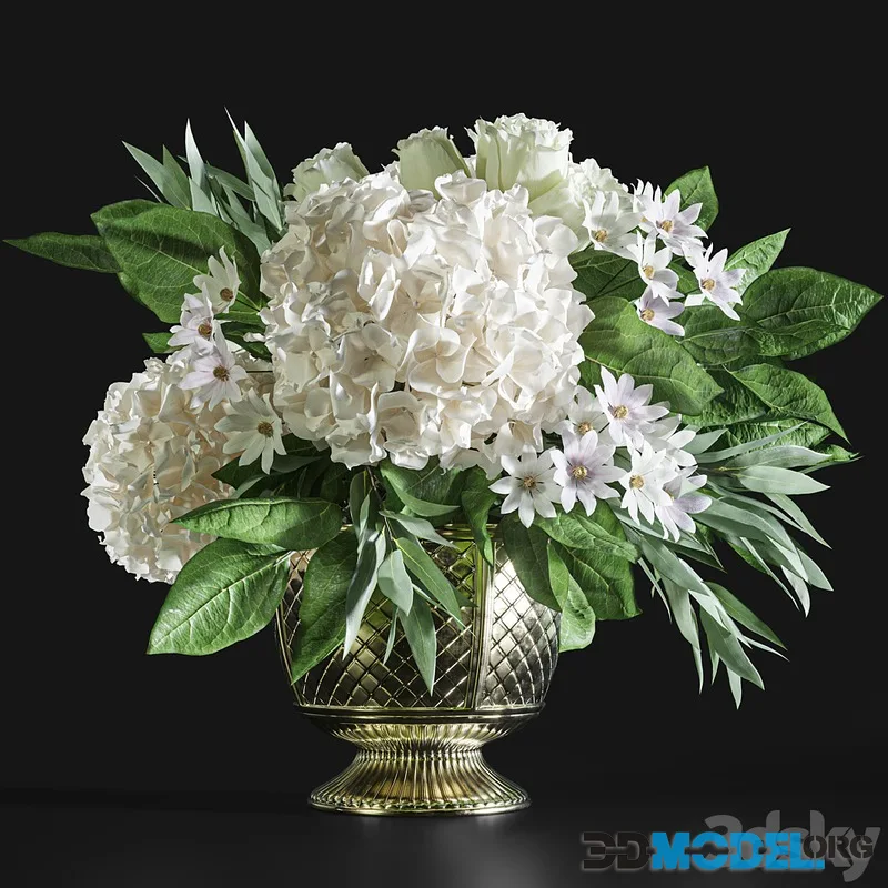 Flower Set 043 white hydrangea gold vase