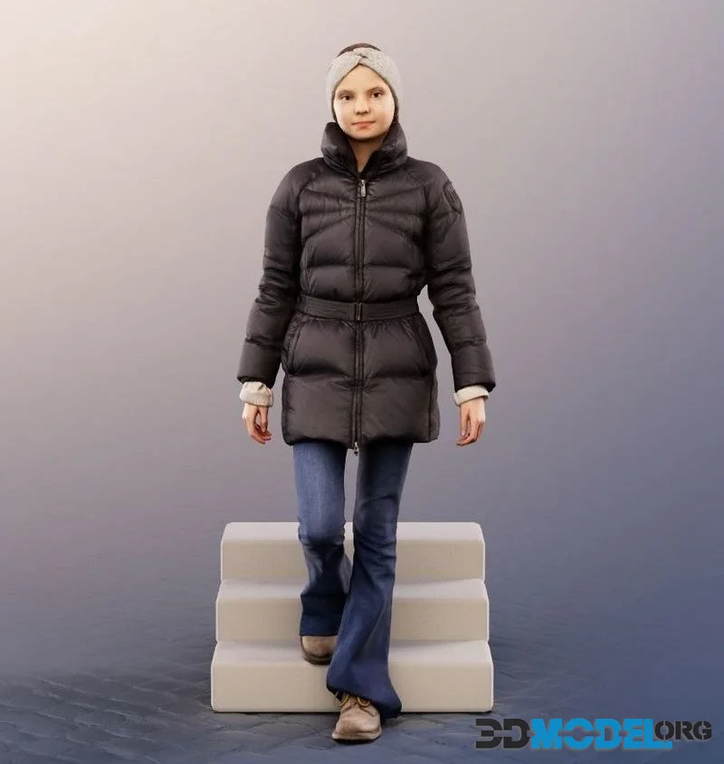 Girl Walking Down Stairs Winter Outfit low-poly (PBR)