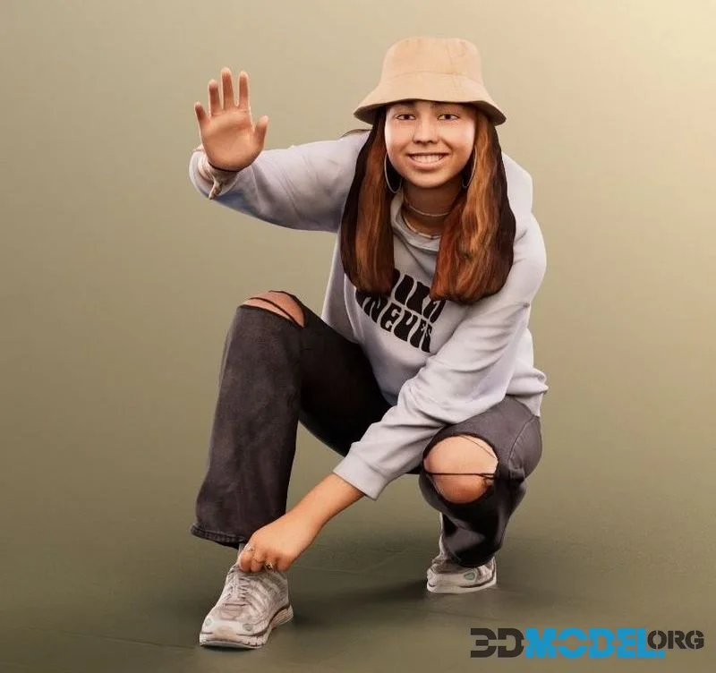 Kneeing Casual Girl Waving low-poly (PBR)